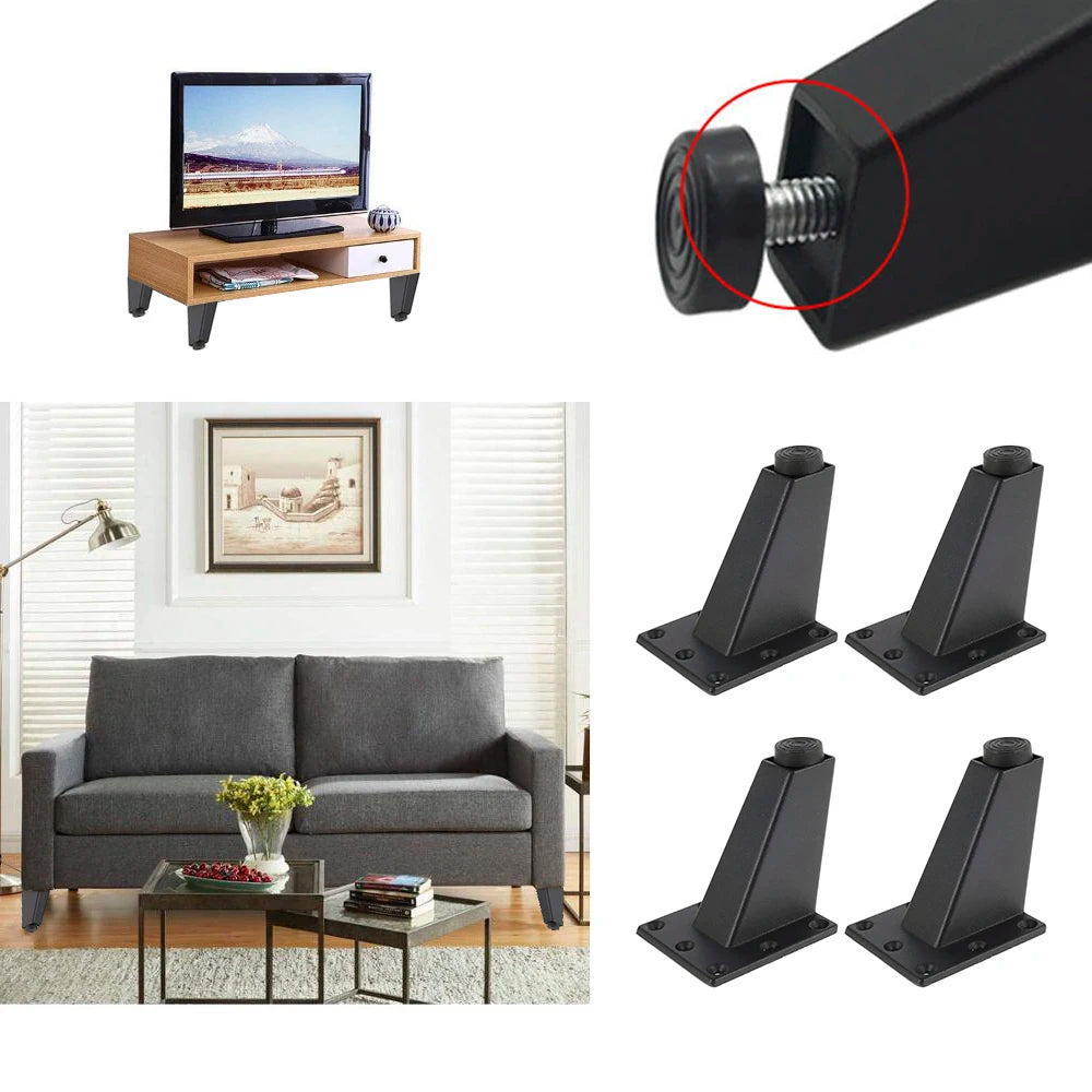Lot de 4 pieds de meuble réglables en métal, noirs, en alliage d'aluminium épais, pour canapé, lit, meuble TV