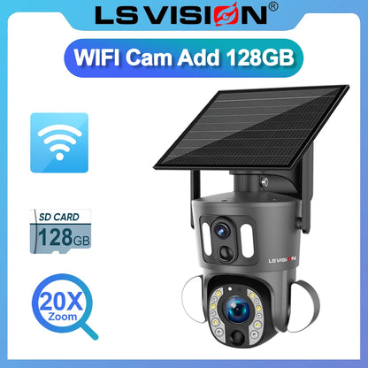 LS VISION 4G Solar Security Camera Outdoor 20X Zoom Dual Screen 8MP WiFi PTZ Dual Lens PIR Detection Auto Tracking Camera UBOX