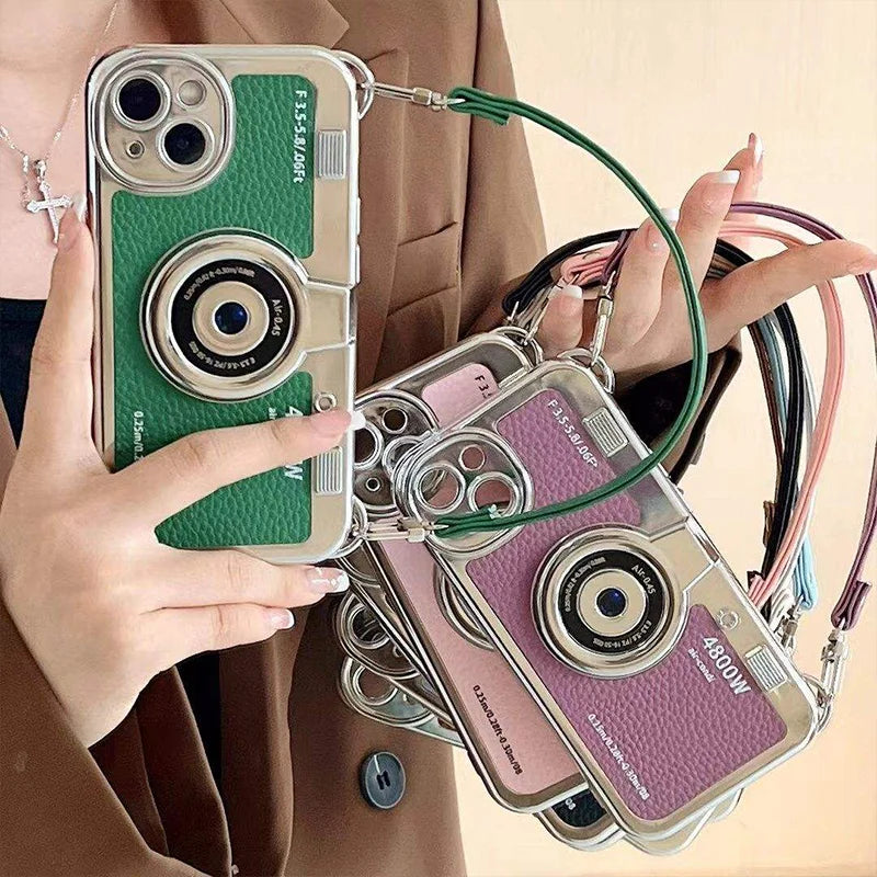 Fashion Lanyard Camera Phone Case For Apple iPhone 15 14 13 Pro Max Luxury Shockproof For 15 Plus leather Soft Cover Accessories