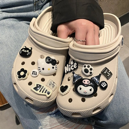 MINISO INS Black & White Series Hello Kitty Cat & Fish Shoe Charms Accessories Women Sandals Decorative Buckle Party Gifts ﻿