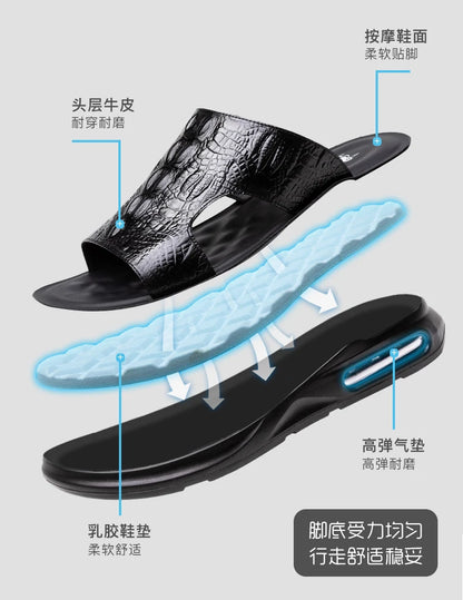 Chaussures d'été pour hommes, sandales en cuir véritable, imprimé crocodile, pantoufles décontractées, tongs à coussin d'air, chaussures de plage cool