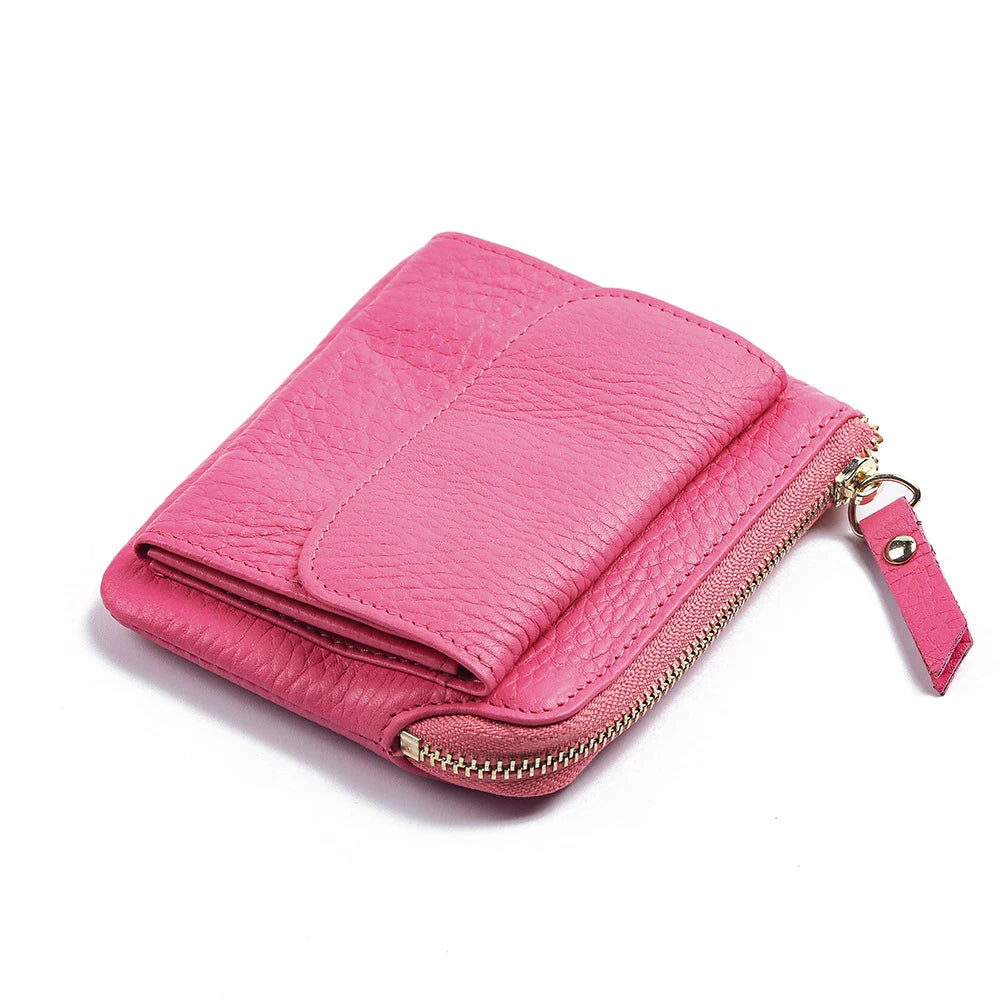 2023 New Genuine Leather Women Mini Wallet Ladies Short Wallets and Purses Zipper Leather Coin Purse Keychain Coins Pocket Bag