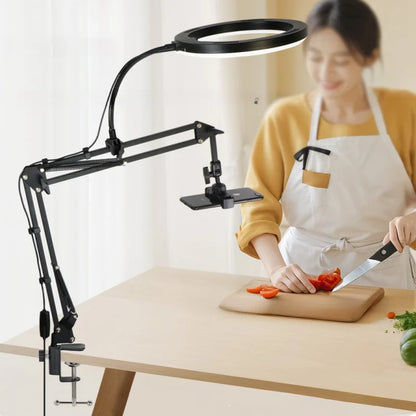 Phone Live Streaming Stand Desktop Multifunctional Overhead Shooting  Floor Tripod with Fill Light for Selfie and Video Shooting
