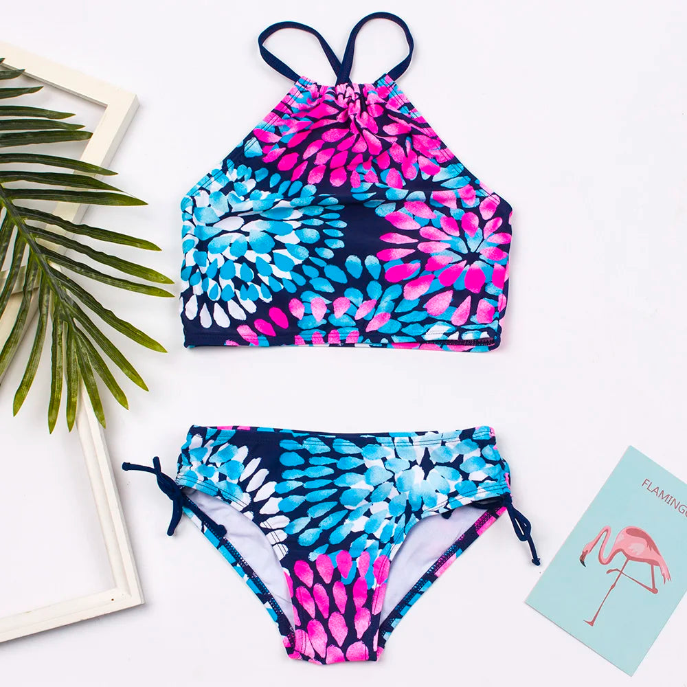 3-14 Years Flower Print Girls Kids Swimwear Summer Children Teen Students Two Pieces Swimsuit Kids Bikini Set Bathing Suit