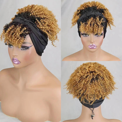 200% Density 1BT30 Afro Kinky Curly Scarf Wig with Bangs Machine Made Wig Curly 100% Human Hair Wig Preplucked for Black Women