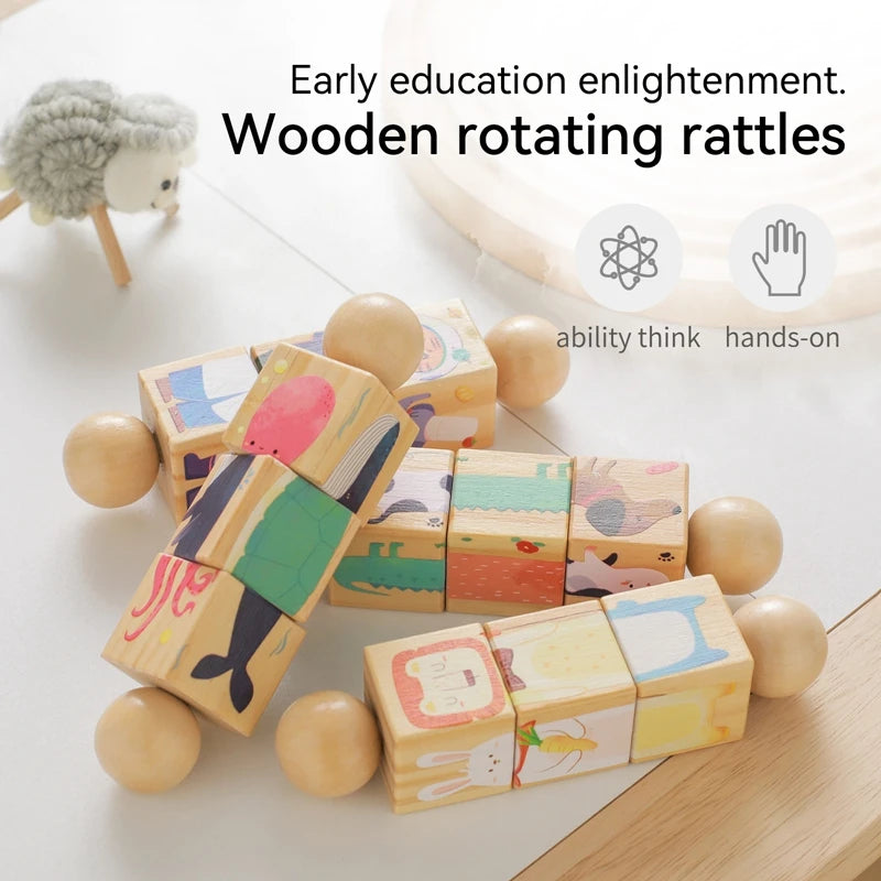 1pc Baby Wooden Rattle Toys Rotating Animal Matching Newborn Soothing Toy 0 12 Months Rotating Puzzle Montessori Toys for Babys