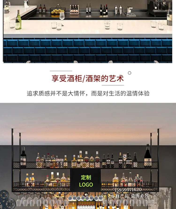 Customized: bar counter wine cabinet against the wall, hanging shelves, industrial style bar, wrought iron display stand,