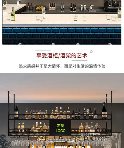 Customized: bar counter wine cabinet against the wall, hanging shelves, industrial style bar, wrought iron display stand,
