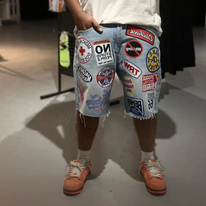American Retro Patchwork Blue Denim Shorts Y2K Jeans Mens Womens Hip Hop Retro Baggy Shorts Low Waist Over The Knee Pants