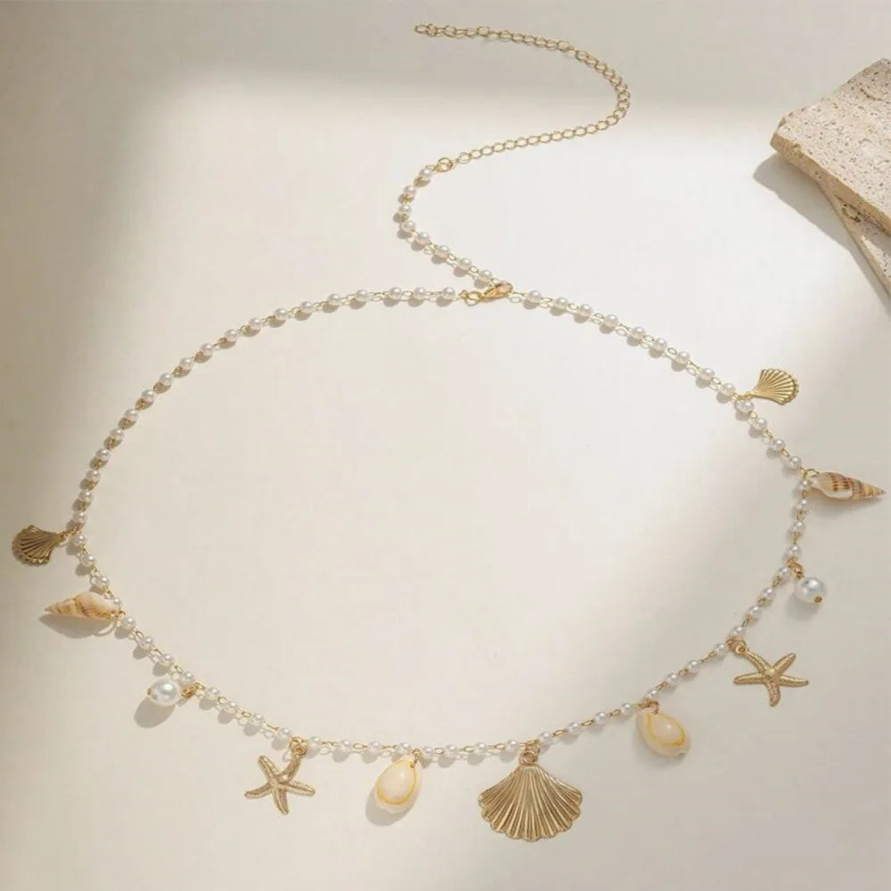 Chaîne de taille bohème d'été, pendentif en forme d'étoile de mer, coquillage, lien de taille ajouré, chaîne de corps pour bikini de plage pour femmes