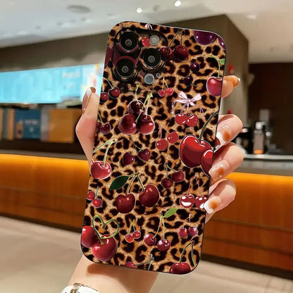 Leopard Cherry Pattern TPU Phone Case For iPhone 16 Cases iPhone 15 14 13 12 11 Pro Max XS X XR 7 8 Plus SE2 Soft Silicone Cover