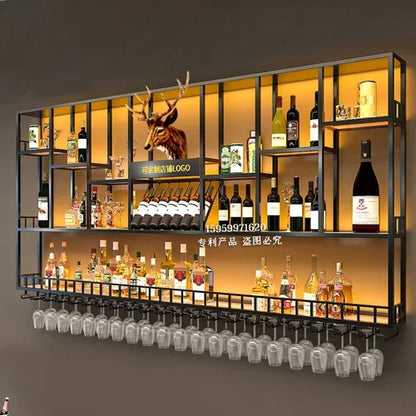 Customized: bar counter wine cabinet against the wall, hanging shelves, industrial style bar, wrought iron display stand,