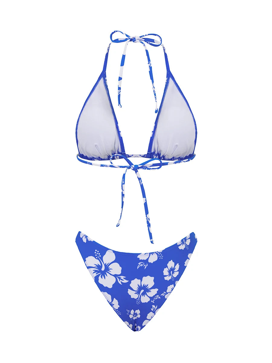 Push Up Bikini Set  For Women Flower Print Sleeveless Bra with Low Waist Briefs Bathing Suit