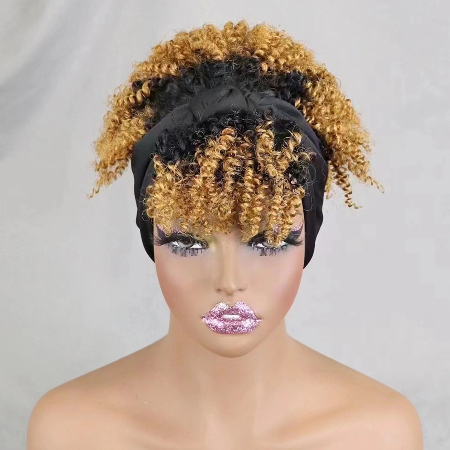 200% Density 1BT30 Afro Kinky Curly Scarf Wig with Bangs Machine Made Wig Curly 100% Human Hair Wig Preplucked for Black Women