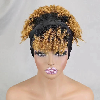 200% Density 1BT30 Afro Kinky Curly Scarf Wig with Bangs Machine Made Wig Curly 100% Human Hair Wig Preplucked for Black Women