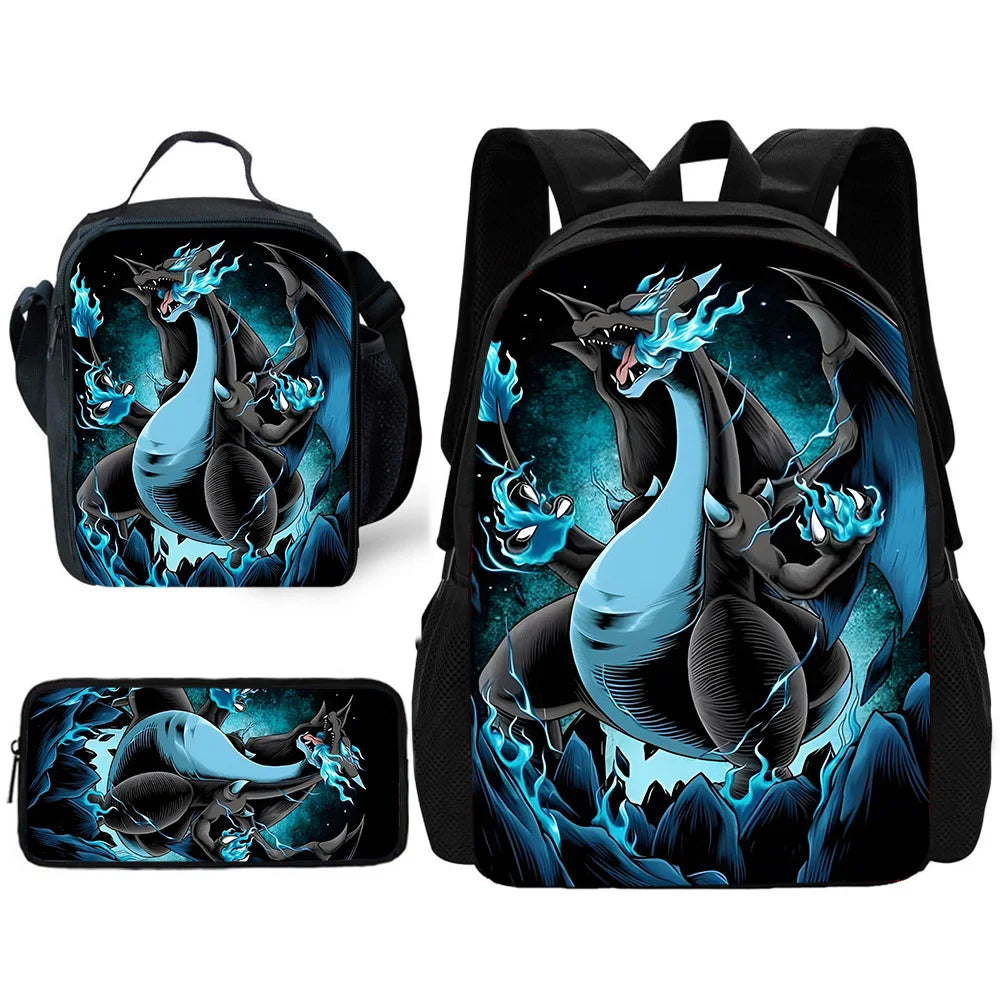 Child School Cute Anime Charizards Backpack with Lunch Bags ,Pencil Bags ,School Bags for Boys Girls Best Gift