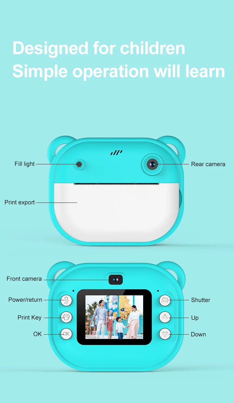 Kids Instant Print Camera Mini Digital Camera Photography Video Camera Toys Inkless Printing Thermal Print Camera for Girls Boys