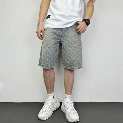 Ccowboy Shorts Men's Summer Workwear Pants Loose Straight Leg Mid Length Pants Elastic Waist American High Street Trendy Shorts