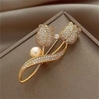 Rinhoo Luxury Pink Green Zircon Tulip Flower Brooch For Women Elegant Pearl Floral Lapel Pins Plant Button Badge Wedding Jewelry