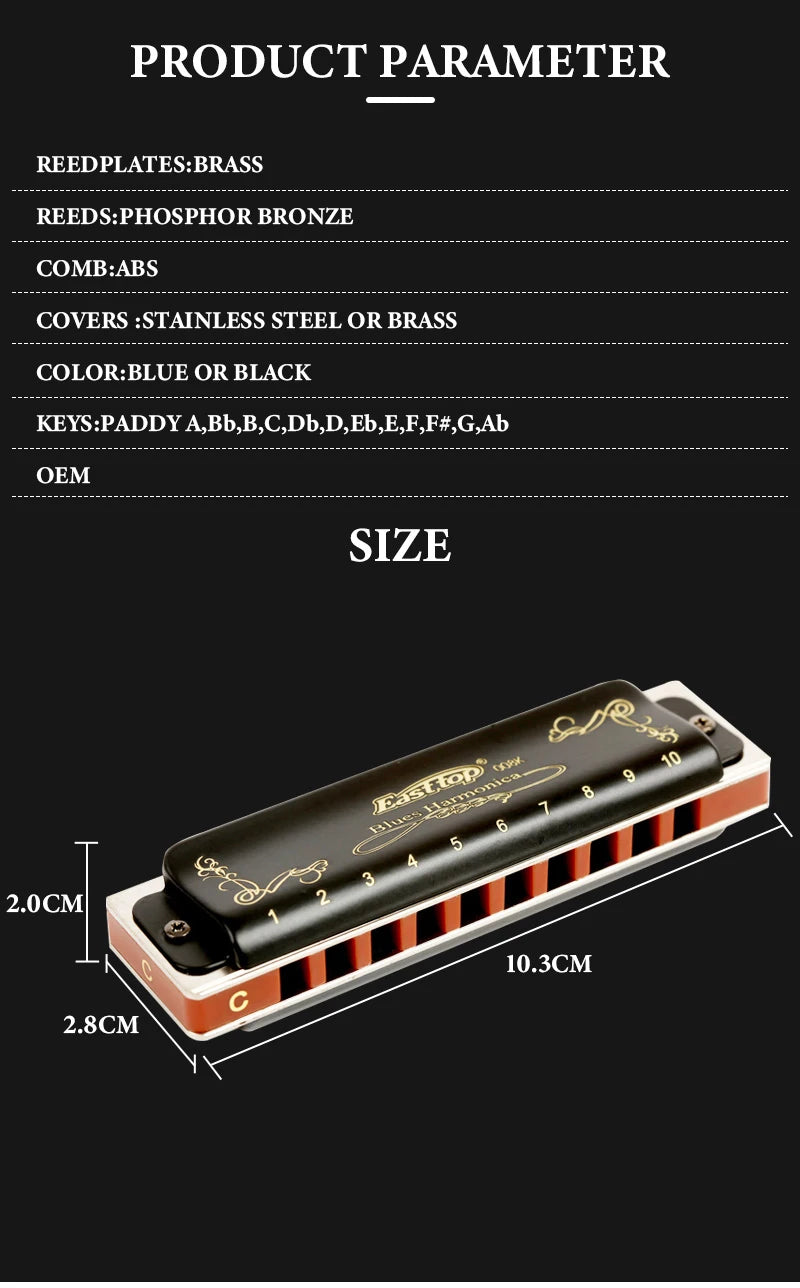 EASTTOP T008K key of C New blue color harmonica brass reedplates phosphor bronze reeds diatonic blues harp good harmonica