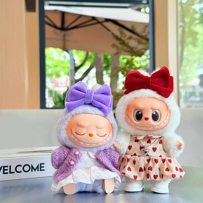 Lovely Bow Heart Flower Bud Skirt Set Decor Dress Sweater Cardigan Outfit Dolls Accessories For 17cm/38cm Labubu Doll Clothes