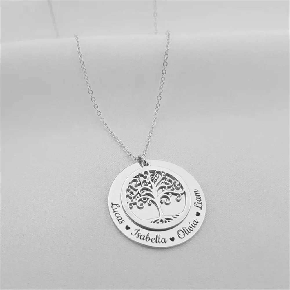 Custom Family Names Necklace Stainless Steel Personalized Name Pendant Tree Of Life 1-5 Names Birthstone For Women Birthday Gift