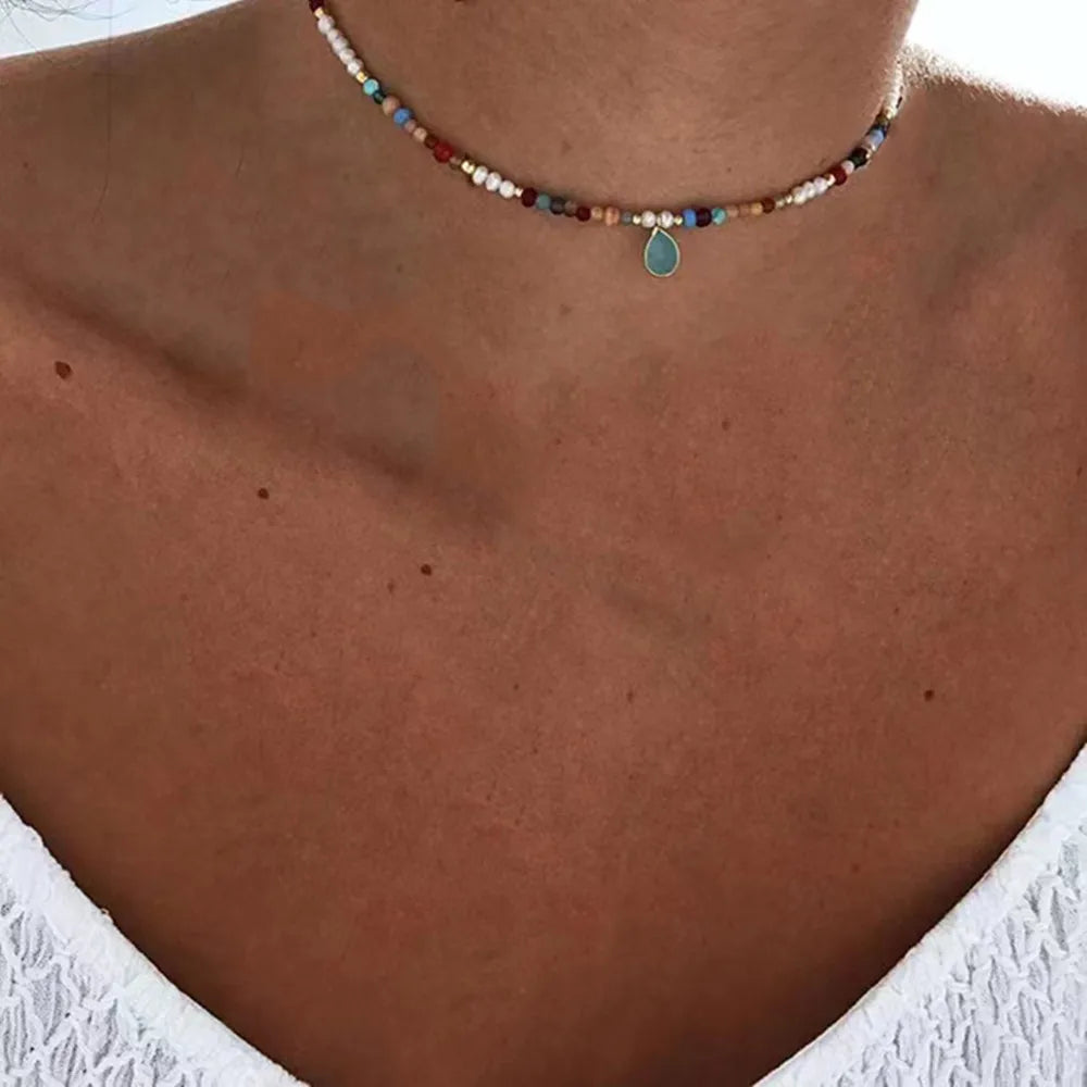 Summer Fashion Multilayer Handmade Mixed Chain For Woman Bohemian Necklaces Water Droplet Crystal Pendant Jewelry Gift 2023 New