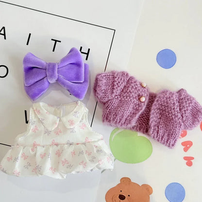 Lovely Bow Heart Flower Bud Skirt Set Decor Dress Sweater Cardigan Outfit Dolls Accessories For 17cm/38cm Labubu Doll Clothes