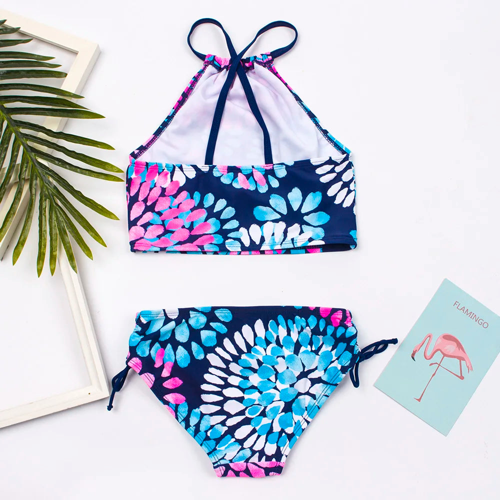 3-14 Years Flower Print Girls Kids Swimwear Summer Children Teen Students Two Pieces Swimsuit Kids Bikini Set Bathing Suit