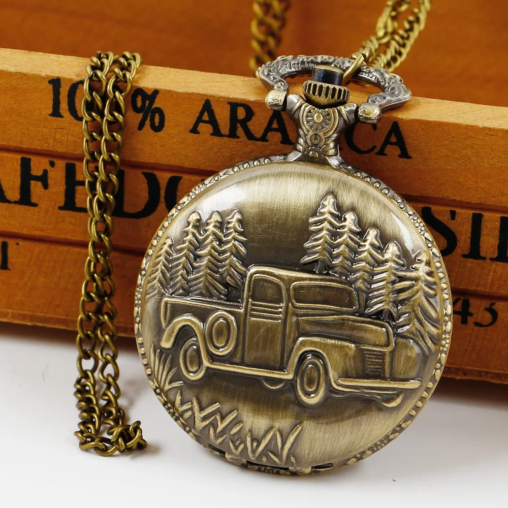 Vintage Bronze Quartz Steampunk Watch 3D Car Truck Pattern Pocket Watch Men FOB Chain Necklace Pendant Clock Gifts
