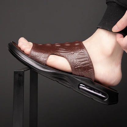 Chaussures d'été pour hommes, sandales en cuir véritable, imprimé crocodile, pantoufles décontractées, tongs à coussin d'air, chaussures de plage cool