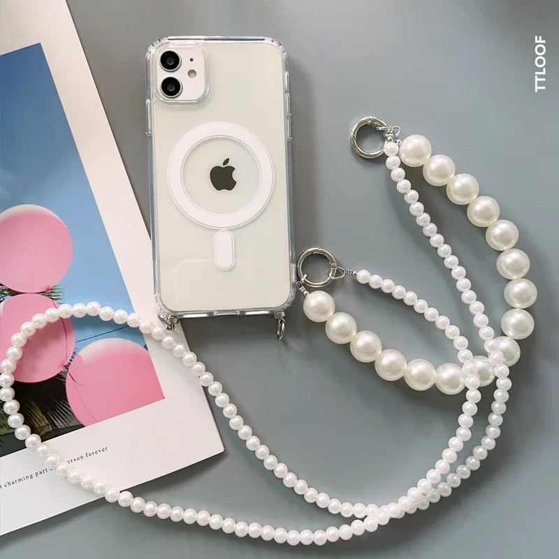 Pearl Chain Crossbody Necklace Lanyard Phone Case For iphone 16 15 14 13 11 12 Pro Max plus Magnetic Cover