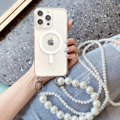 Pearl Chain Crossbody Necklace Lanyard Phone Case For iphone 16 15 14 13 11 12 Pro Max plus Magnetic Cover
