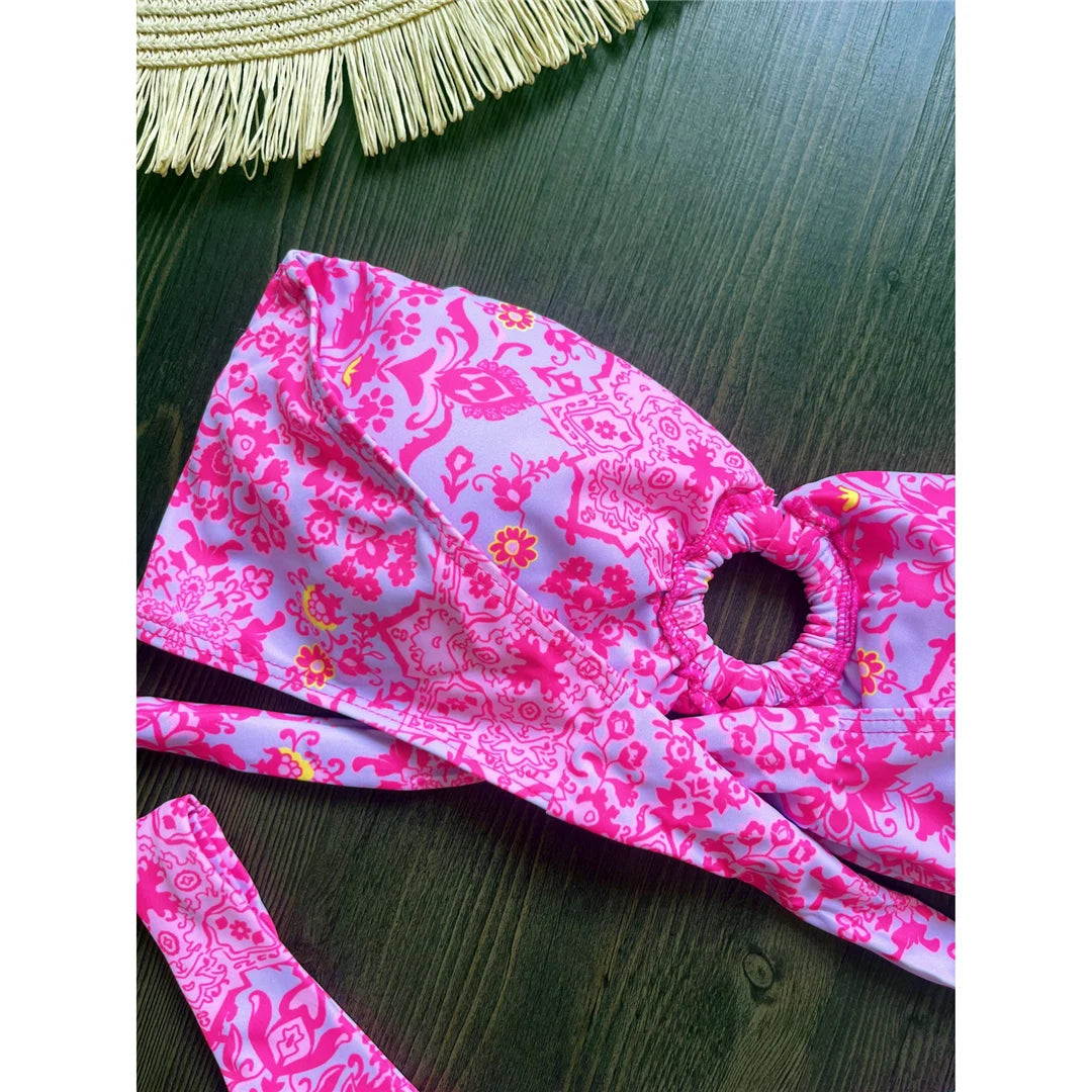 Sexy Colorful Floral Printed Bandeau Bikini Female Swimsuit Women Swimwear Two-pieces Bikini set Bather Bathing Suit Swim K6137
