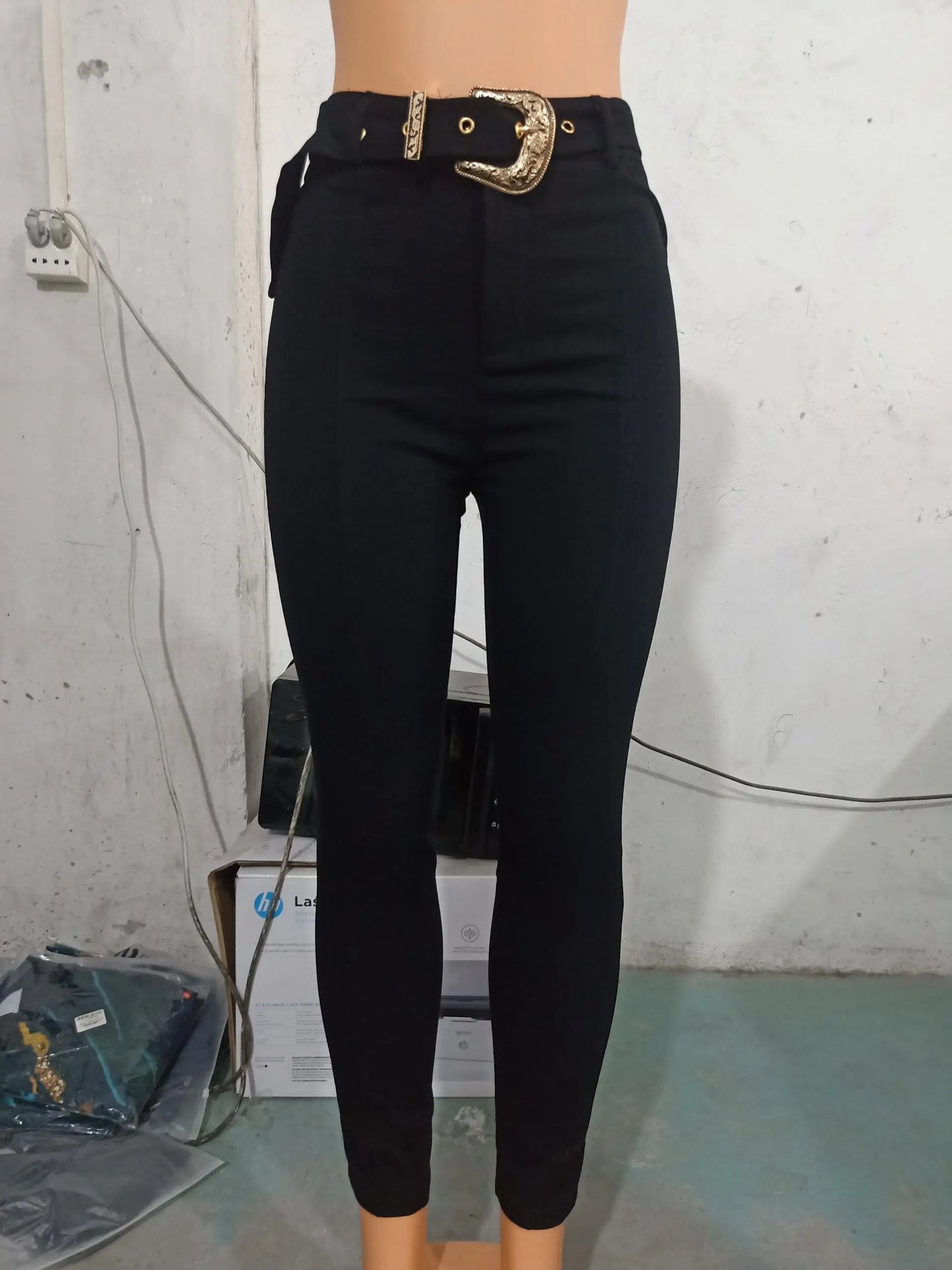 Women's Pants 2023 Spring Trend Fashion High Waist Pocket Design Casual Plain Skinny Daily Long Pants with Belt