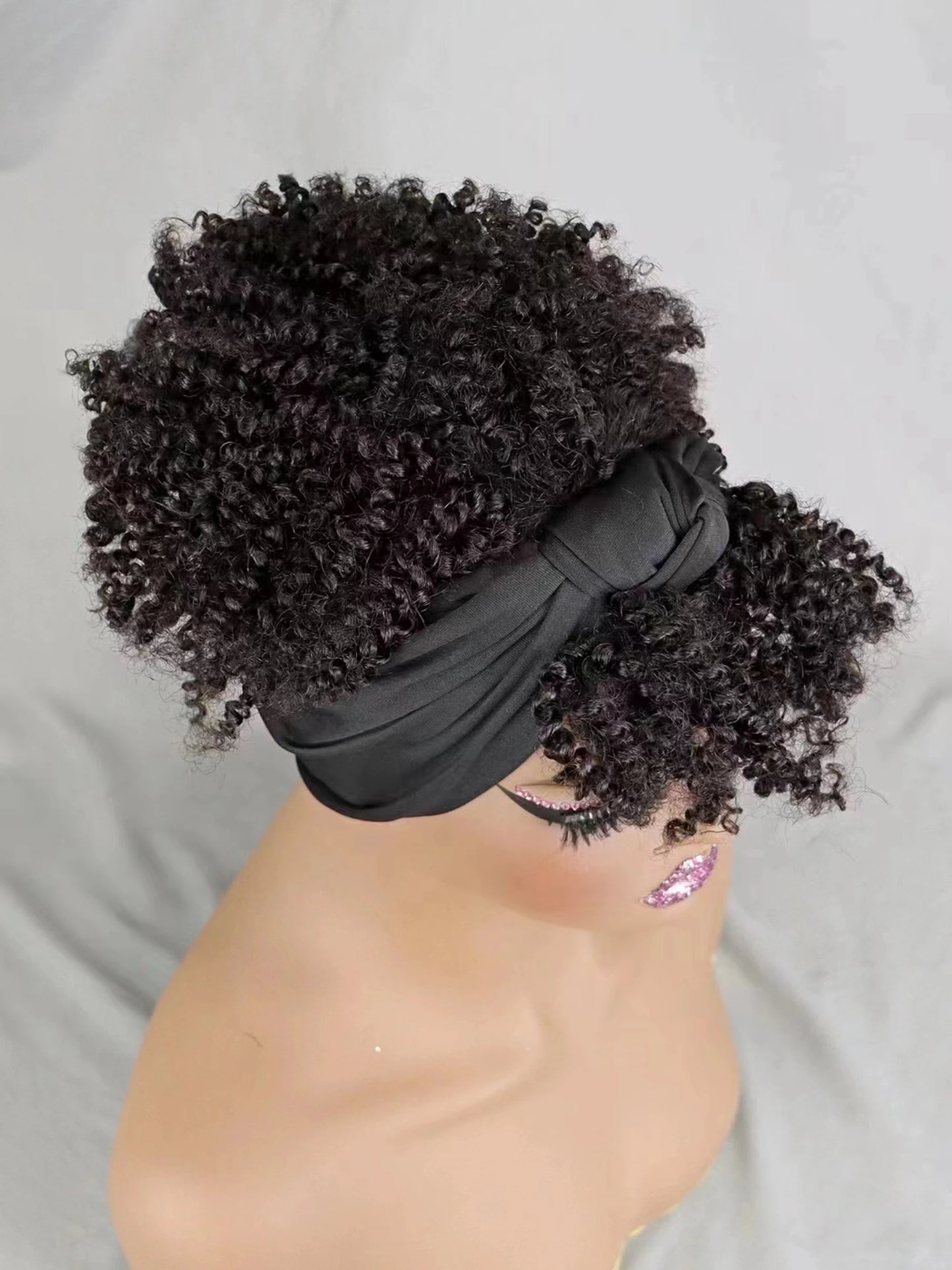 200% Density 1BT30 Afro Kinky Curly Scarf Wig with Bangs Machine Made Wig Curly 100% Human Hair Wig Preplucked for Black Women