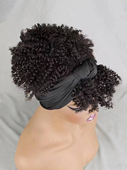 200% Density 1BT30 Afro Kinky Curly Scarf Wig with Bangs Machine Made Wig Curly 100% Human Hair Wig Preplucked for Black Women