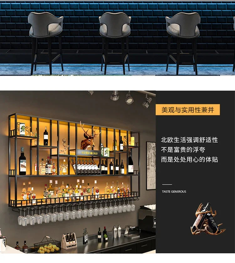 Customized: bar counter wine cabinet against the wall, hanging shelves, industrial style bar, wrought iron display stand,
