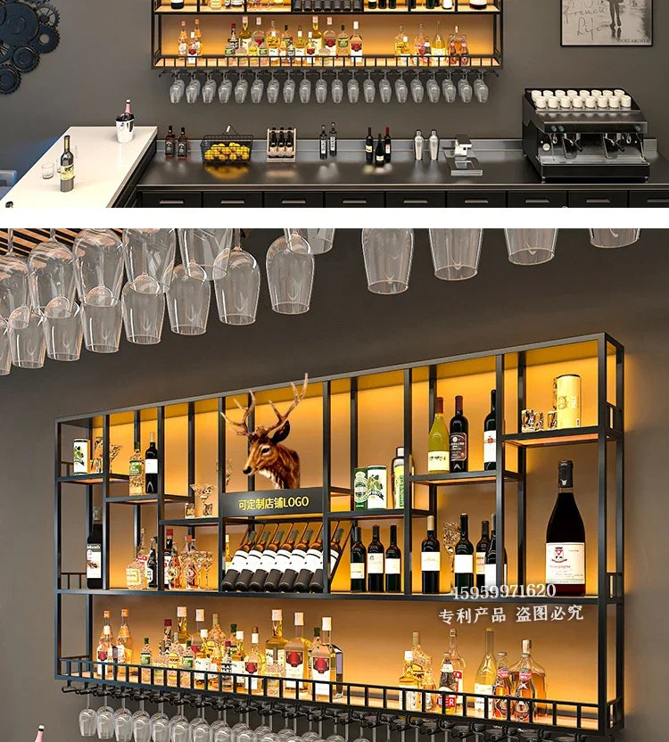 Customized: bar counter wine cabinet against the wall, hanging shelves, industrial style bar, wrought iron display stand,