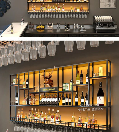 Customized: bar counter wine cabinet against the wall, hanging shelves, industrial style bar, wrought iron display stand,