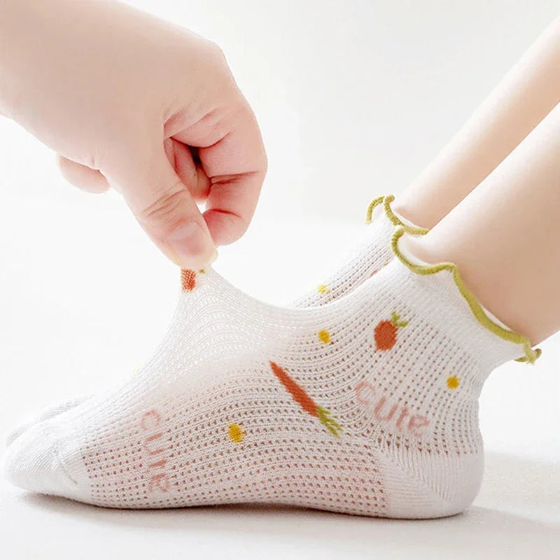 5Pairs/Set Sweet Baby Girl Socks Summer Breathable Mesh Short Sock for Toddler Korean Print Ruffled Cotton Kids Socks