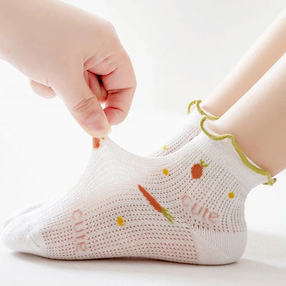 5Pairs/Set Sweet Baby Girl Socks Summer Breathable Mesh Short Sock for Toddler Korean Print Ruffled Cotton Kids Socks