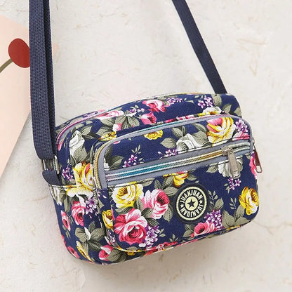 Casual Backpack Messenger Nylon Canvas Cloth Bag Shoulder Multi Layered Floral Print Mother Handbag Women's Crossbody Bag