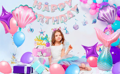 Mermaid Party Supplies,90 Pcs Party Supplies Kit-Mermaid Birthday Plates Cups Napkins Tablecloth&Banner Balloons etc for Girls