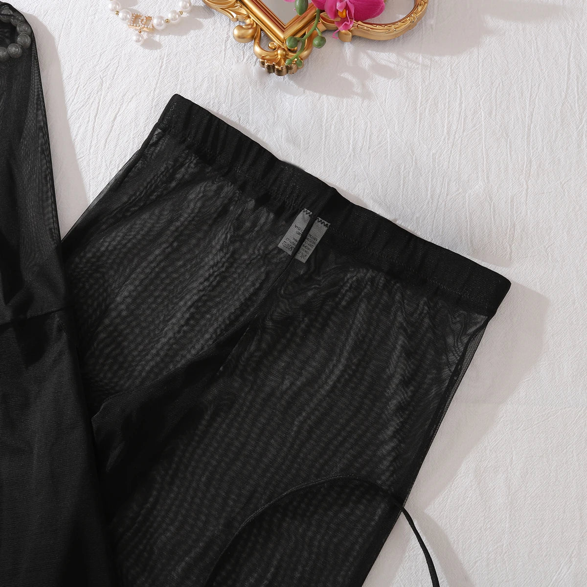 Summer Sexy Four Piece Solid Color Mesh Top Open Skirt Mini Beach Wear Holiday Travel Dress Sexy Long Pants Set