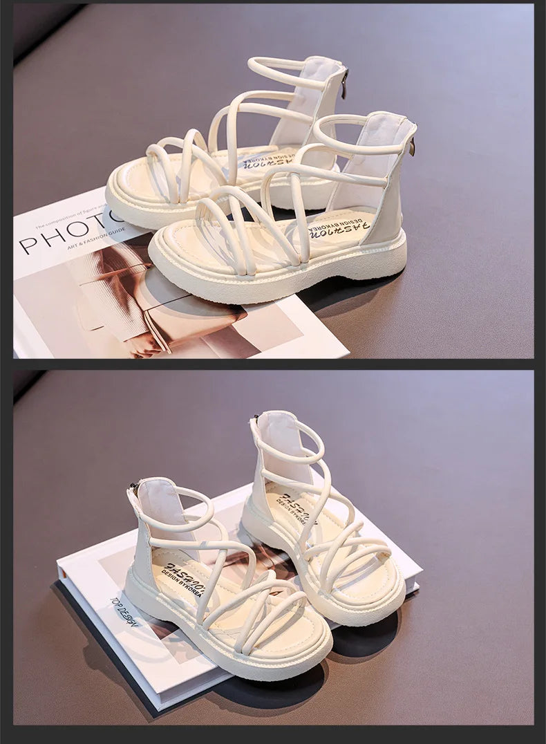 Girls' Roman Shoes 2025 New Fashionable Baby Shoes, Middle and High Top, Little Girls' Open toed Soft soled Princess Sandals