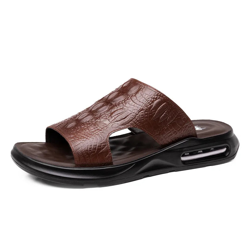 Chaussures d'été pour hommes, sandales en cuir véritable, imprimé crocodile, pantoufles décontractées, tongs à coussin d'air, chaussures de plage cool