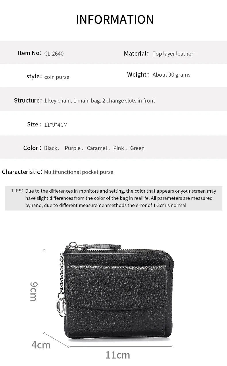 2023 New Genuine Leather Women Mini Wallet Ladies Short Wallets and Purses Zipper Leather Coin Purse Keychain Coins Pocket Bag