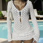 New Style Knit Solid Color Long Sleeve Dress Sexy Hollow Out Slim-Fit Beachwear Cover Up Beach Holiday Sun Protection Clothing