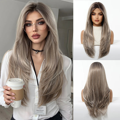 Perruques synthétiques longues blondes EASIHAIR pour femmes, cheveux naturels lisses et dégradés avec frange, résistantes à la chaleur, pour un usage quotidien